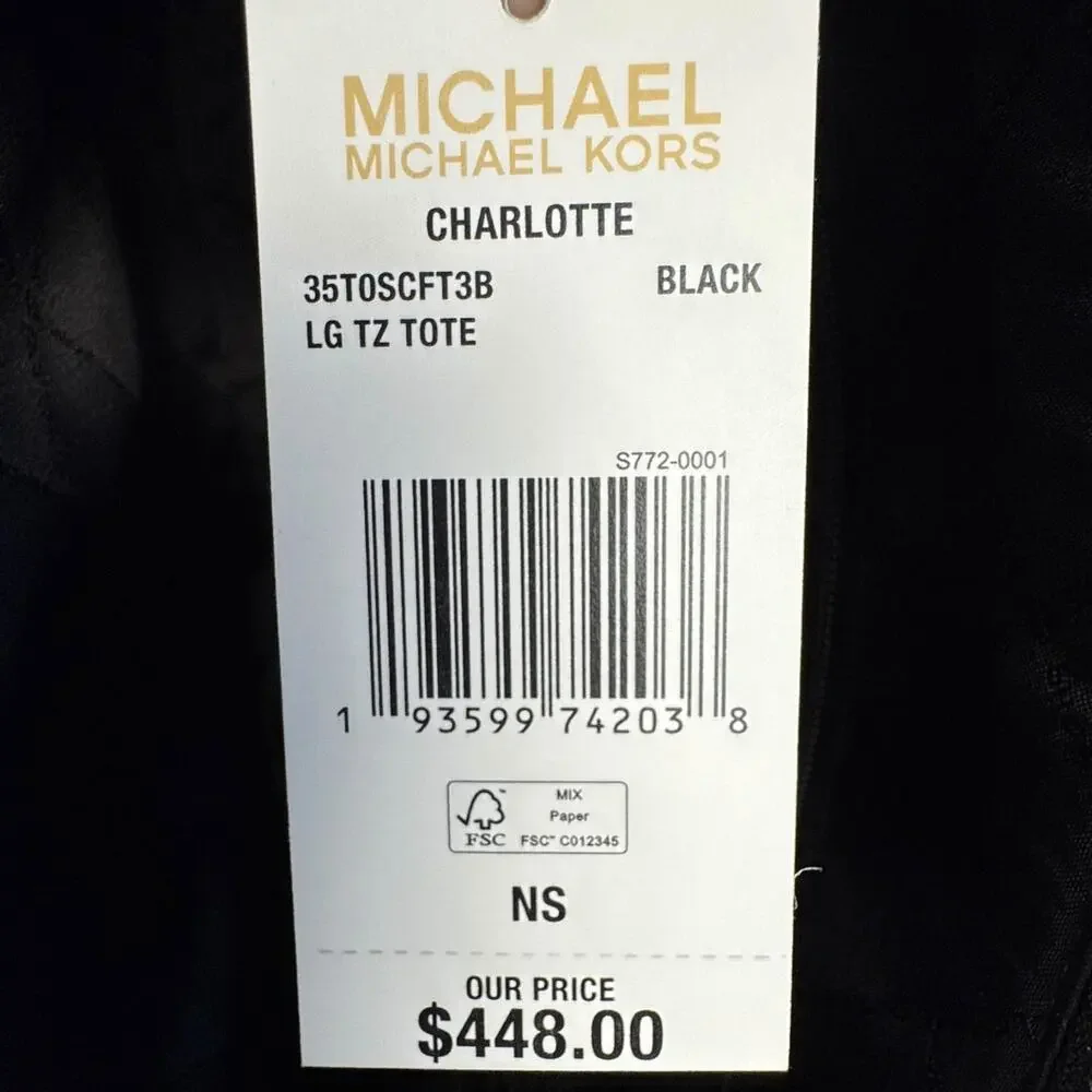 Michael Kors Charlotte Signature Logo Tote Bag Large Black Leather Zip‎ Top NWT
